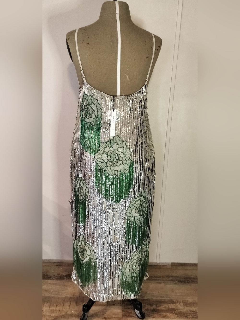 Silver Sequin Slip Dress with Green Floral Fringe - Picture 2 of 5